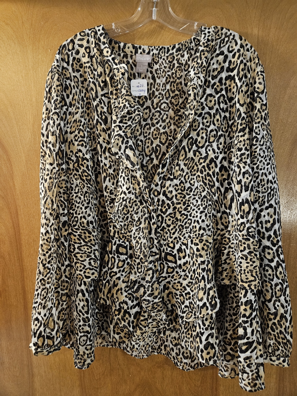 Chico's Leopard Print Ruffle Button-Down Blouse in Tan Black Cream